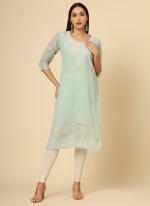 Georgette Sea Green Casual Wear Embroidery Work Readymade Kurti